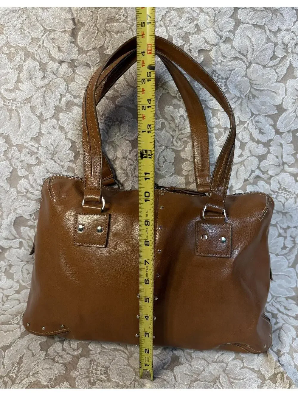 Brown Man Made Leather Handbag with Silver Stud Accents 10by12 in